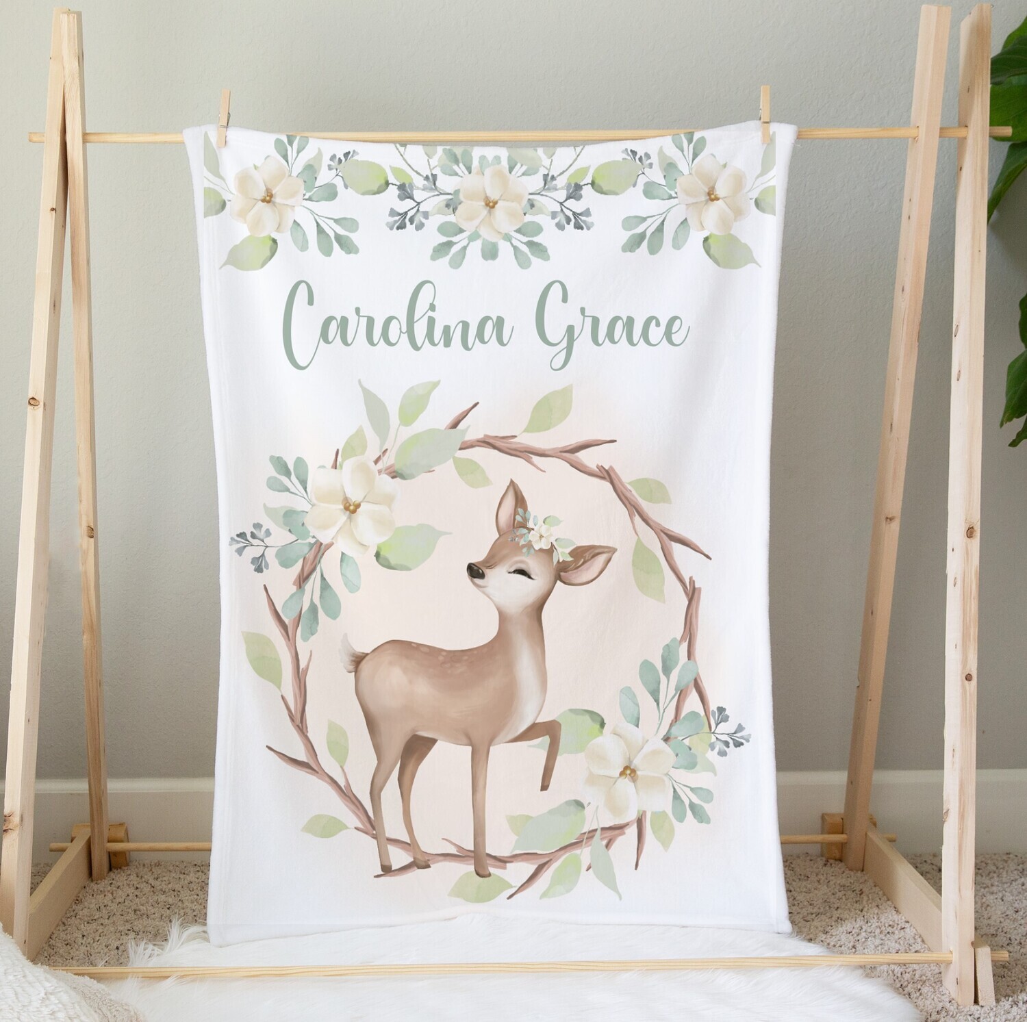 Floral Deer Personalized Baby Girl Blanket Custom Name Blanket Shower Gift Custom Name Blanket Bedroom Nursery Throw Tummy Time