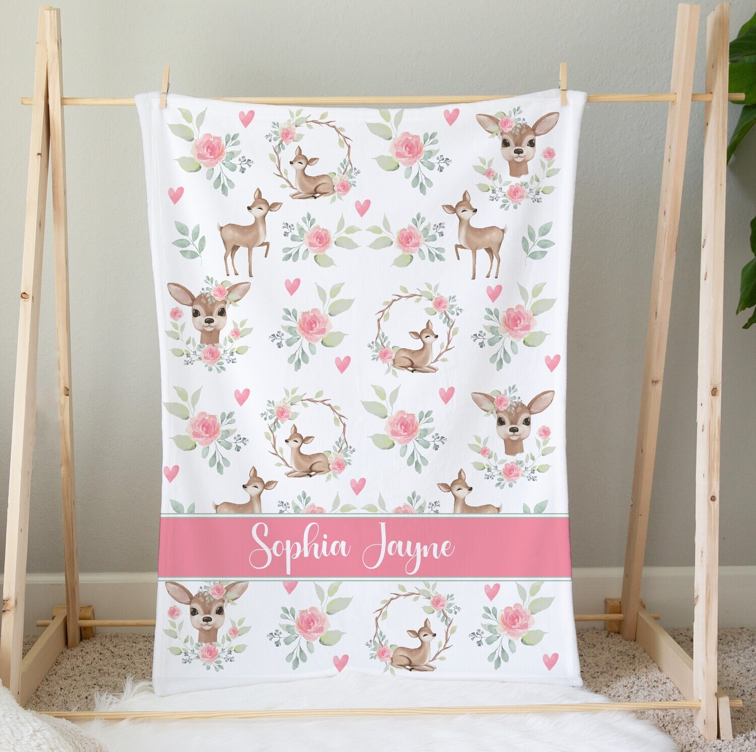 Pink Floral Deer Personalized Baby Girl Blanket Custom Name Blanket Shower Gift Custom Name Blanket Bedroom Nursery Throw Tummy Time