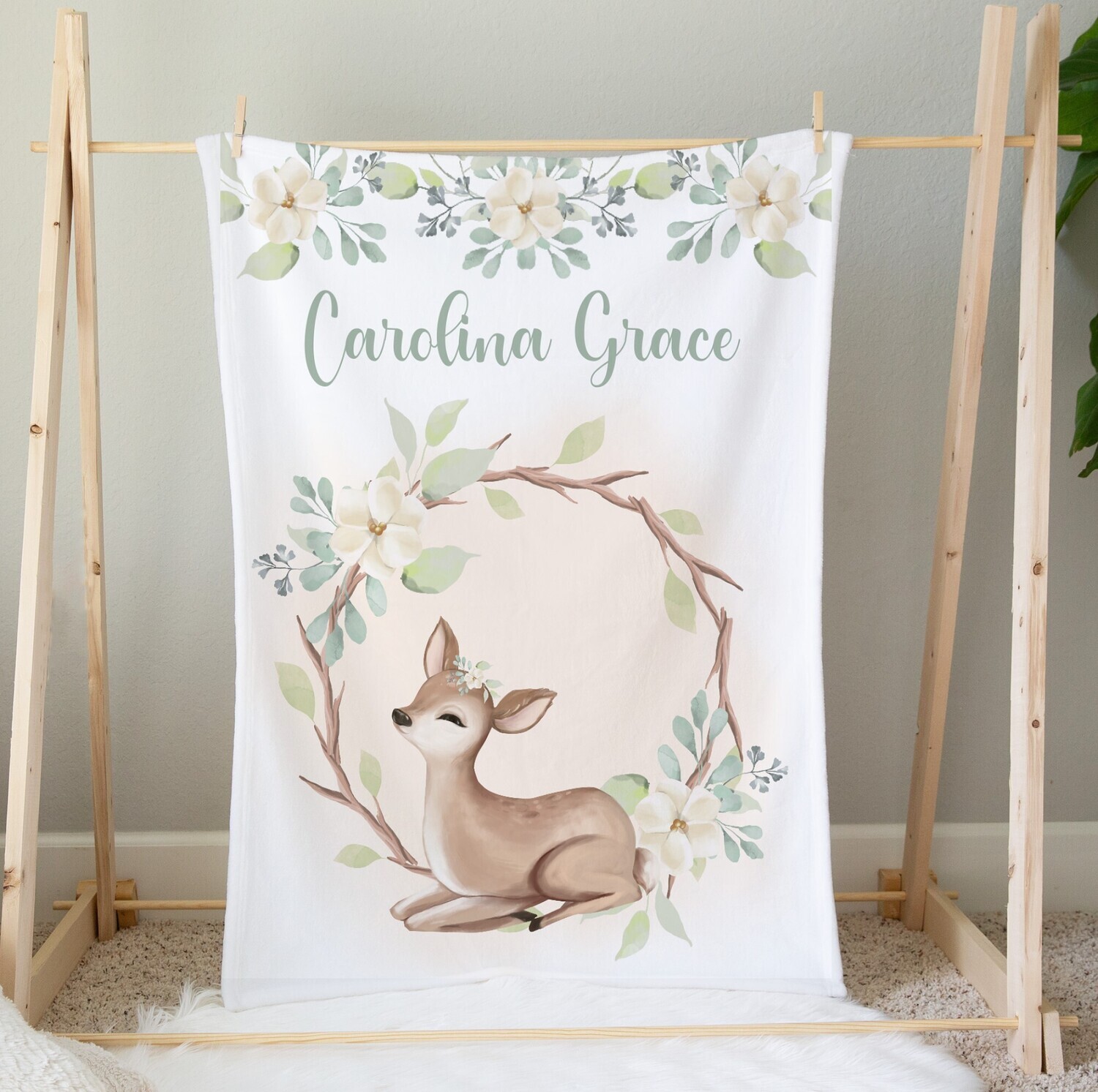 Floral Deer Personalized Baby Girl Blanket Custom Name Blanket Shower Gift Custom Name Blanket Bedroom Nursery Throw Tummy Time