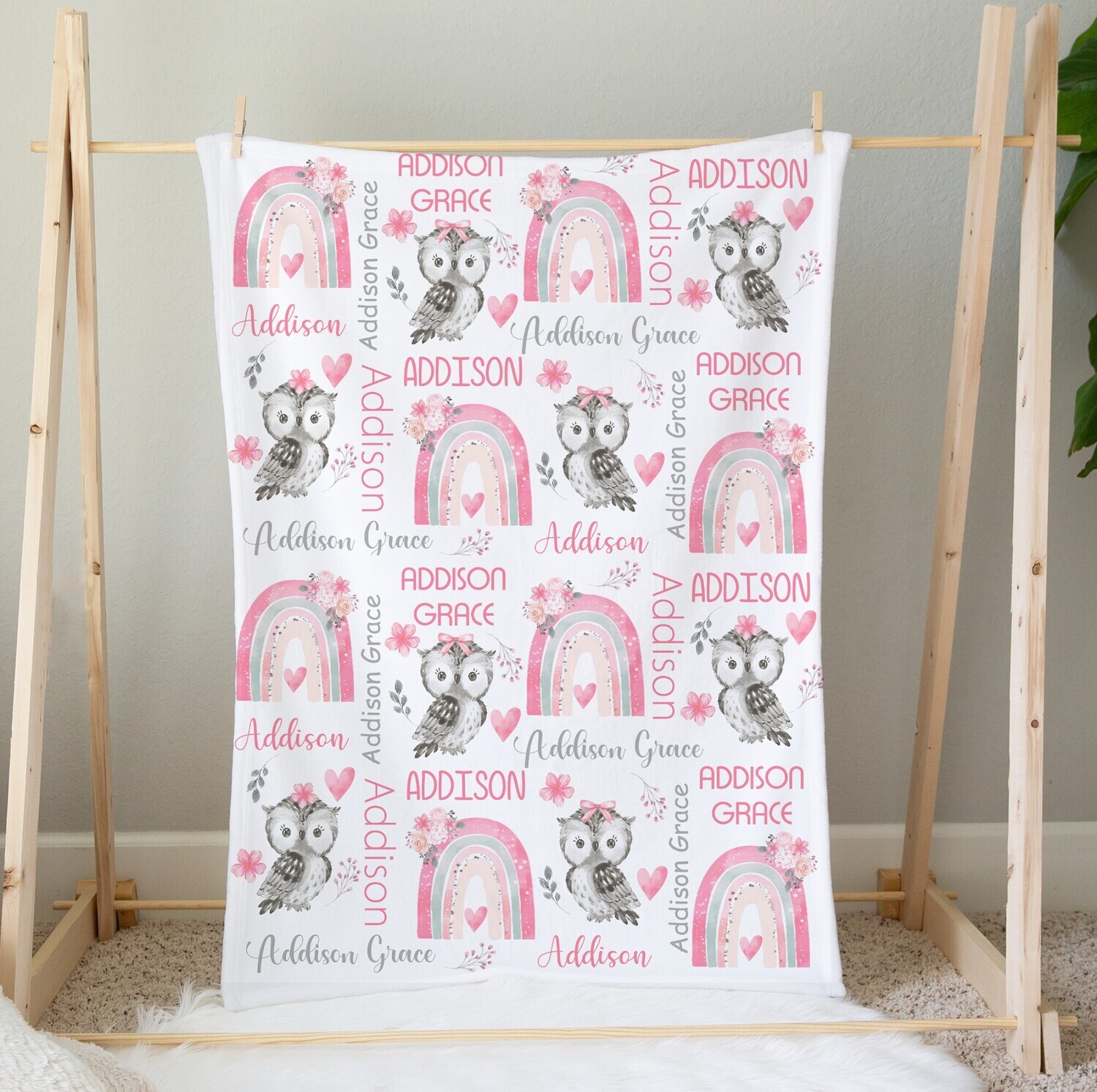 Pink Rainbow Owl Personalized Baby Girl Blanket Custom Name Blanket Shower Gift Custom Name Blanket Bedroom Nursery Throw Tummy Time