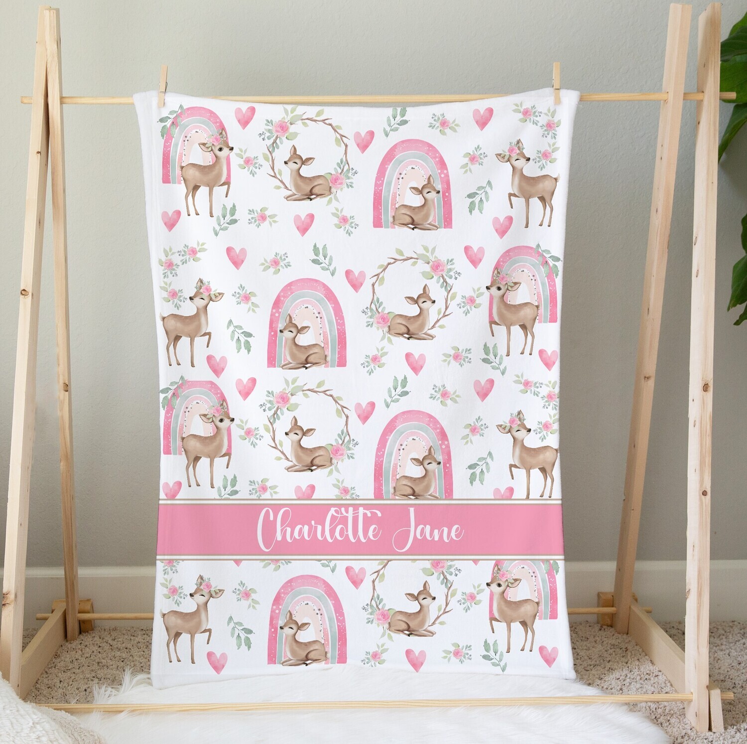 Pink Rainbow Deer Personalized Baby Girl Blanket Custom Name Blanket Shower Gift Custom Name Blanket Bedroom Nursery Throw Tummy Time