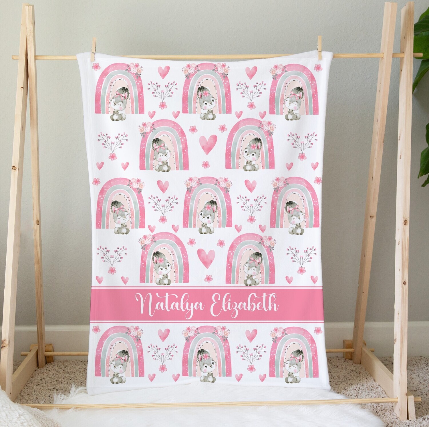 Pink Rainbow Bunny Personalized Baby Girl Blanket Custom Name Blanket Shower Gift Custom Name Blanket Bedroom Nursery Throw Tummy Time