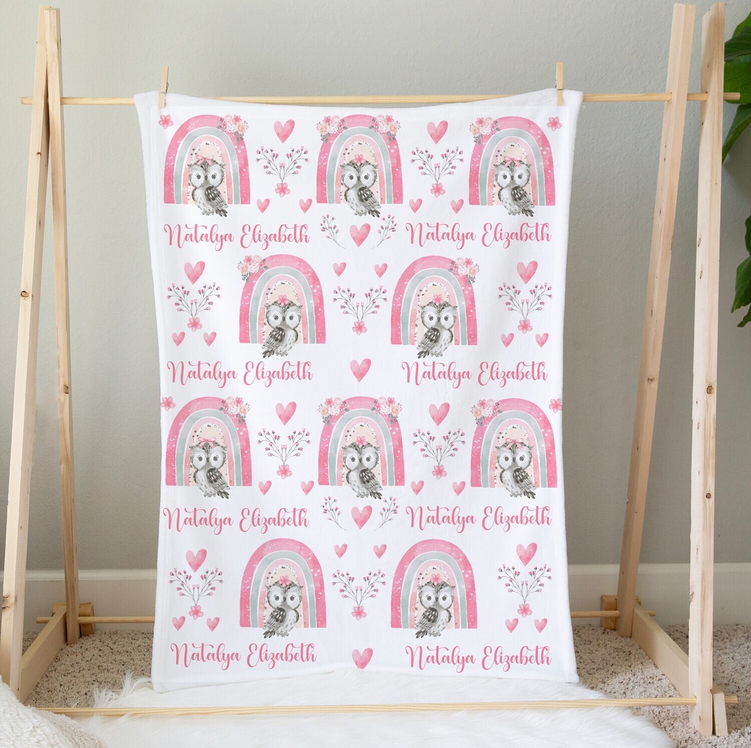 Pink Rainbow Owl Personalized Baby Girl Blanket Custom Name Blanket Shower Gift Custom Name Blanket Bedroom Nursery Throw Tummy Time