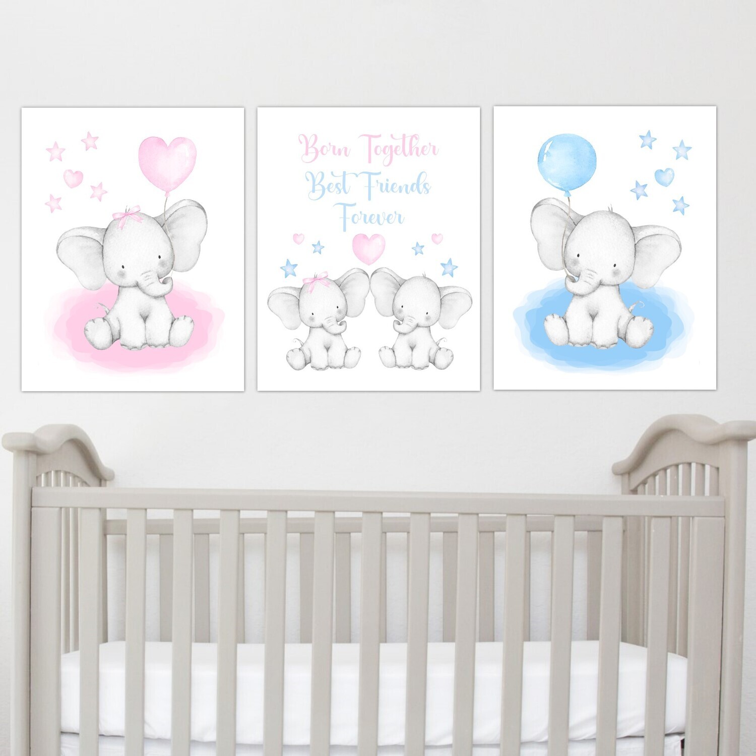 Twins Watercolor Blue Pink Elephants Baby Boy Girl Nursery Wall Art 3 UNFRAMED PRINTS or CANVAS