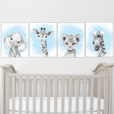 Safari Animals Baby Boy Nursery Wall Art Decor Blue Elephant Giraffe Lion Zebra 4 UNFRAMED PRINTS or CANVAS