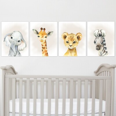 Safari Animals Baby Boy Nursery Wall Art Decor Elephant Giraffe Lion Zebra 4 UNFRAMED PRINTS or CANVAS