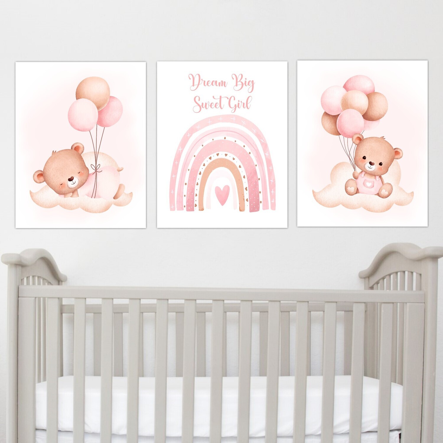 Teddy Bear Rainbow Baby Girl Nursery Wall Art Prints or Canvas Dream Big Sweet Girl