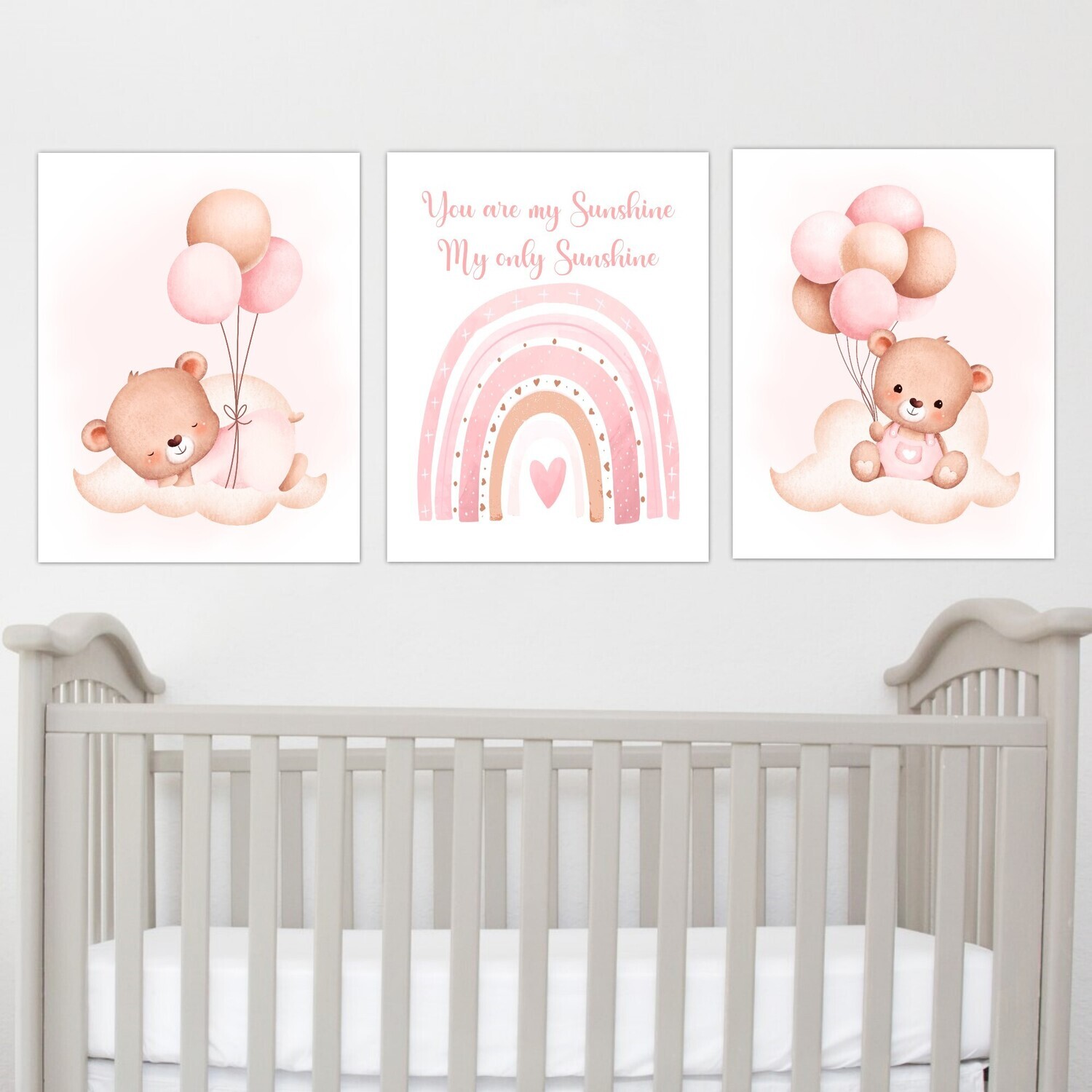 Teddy Bear Rainbow Baby Girl Nursery Wall Art Prints or Canvas You Are My Sunshine