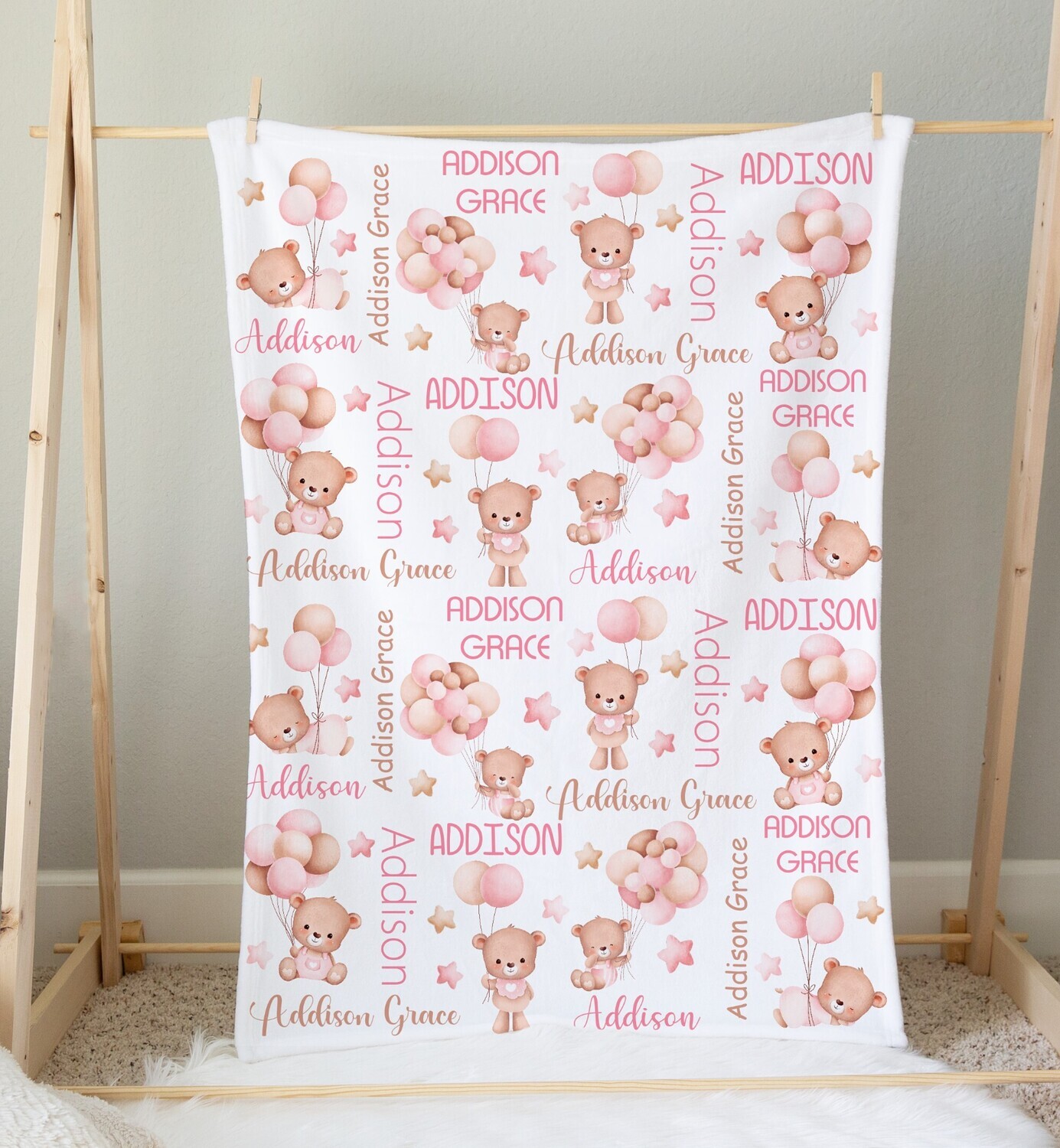 Teddy Bear Personalized Baby Girl Blanket Baby Blanket Shower Gift Custom Name Blanket Bedroom Nursery Throw Tummy Time
