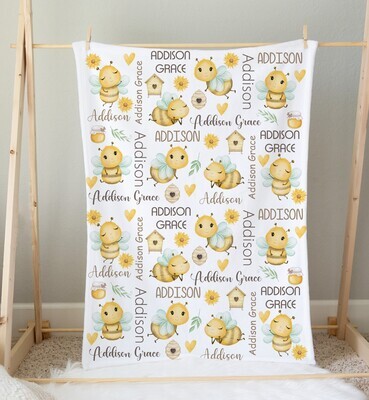 Bumble Bee Personalized Baby Girl Blanket Baby Blanket Shower Gift Custom Name Blanket Bedroom Nursery Throw Tummy Time