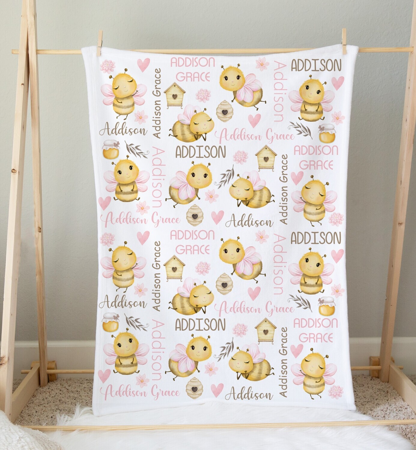 Bumble Bee Personalized Baby Girl Blanket Baby Blanket Shower Gift Custom Name Blanket Bedroom Nursery Throw Tummy Time