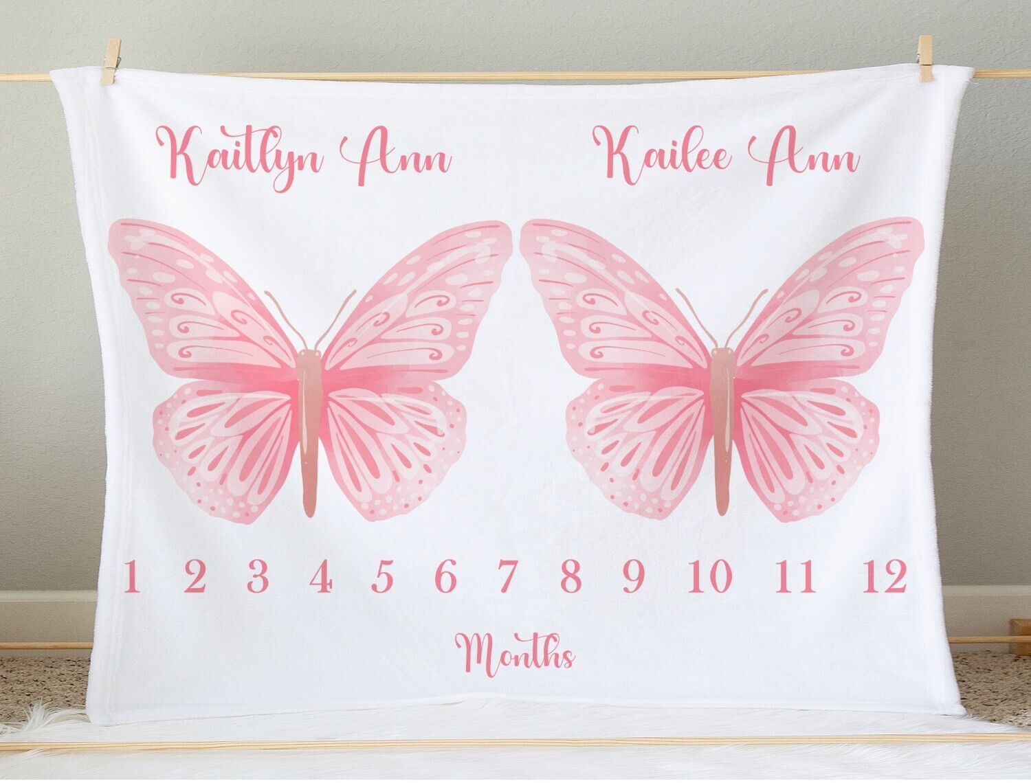 Twin Baby Girls Milestone Blanket Personalized Pink Butterfly Baby Blanket Photo Op Nursery Decor New Baby Shower Gift Crib Blanket Tummy Time