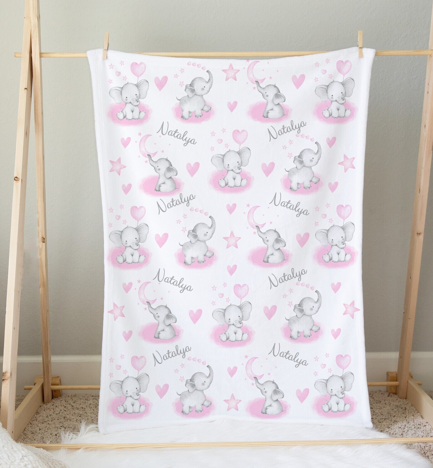 Personalized Baby Girl Blanket Pink Elephants Custom Name Blanket Shower Gift Custom Name Blanket Girl Bedroom Nursery Throw Tummy Time