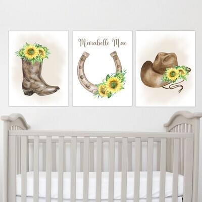 Western Cowgirl Personalized Sunflower Floral Girl Room Wall Art Prints or Canvas