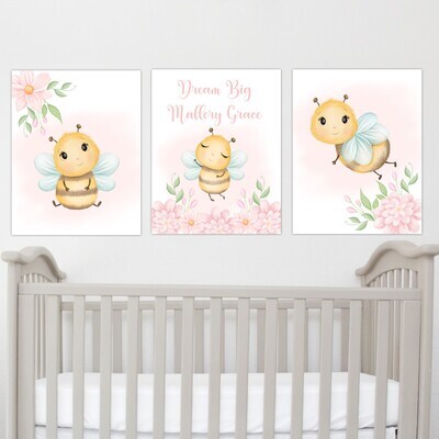 Bumble Bee Personalized Baby Girl Nursery Art Pink Floral Girl Room Wall Art Prints or Canvas