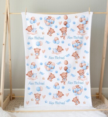 Teddy Bear Baby Boy Blanket Baby Blanket Shower Gift Custom Name Blanket Bedroom Nursery Throw Tummy Time