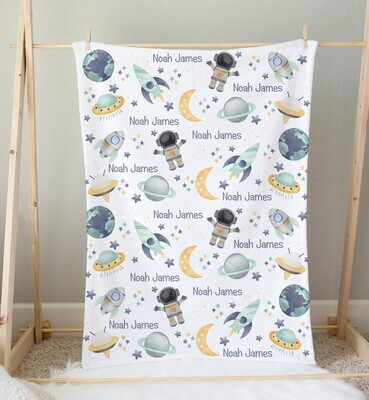 Space Personalized Baby Boy Blanket Baby Blanket Shower Gift Custom Name Blanket Bedroom Nursery Throw Tummy Time