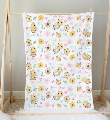 Bumble Bee Personalized Baby Girl Blanket Baby Blanket Shower Gift Custom Name Blanket Bedroom Nursery Throw Tummy Time