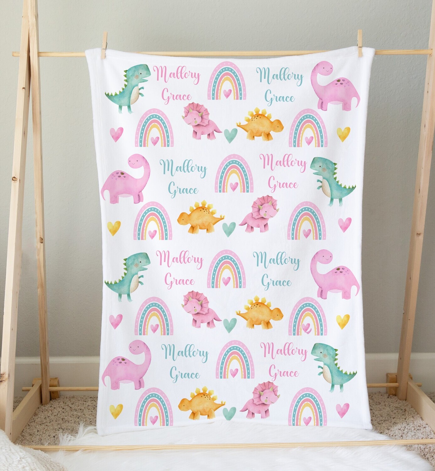 Dinosaur Personalized Baby Girl Blanket Baby Blanket Shower Gift Custom Name Blanket Bedroom Nursery Throw Tummy Time
