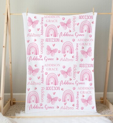 Pink Butterfly Rainbow Personalized Baby Girl Blanket Baby Blanket Shower Gift Custom Name Blanket Bedroom Nursery Throw Tummy Time