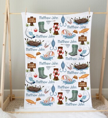 Fishing Personalized Baby Boy Blanket Baby Blanket Shower Gift Custom Name Blanket Bedroom Nursery Throw Tummy Time
