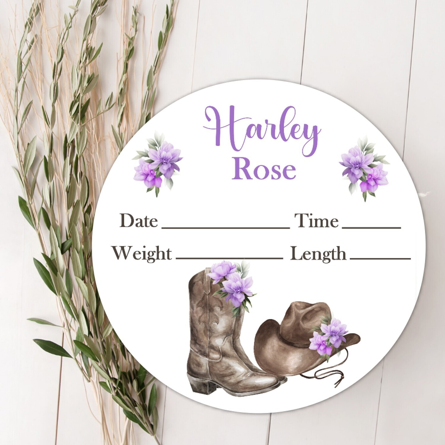 Baby Girl Birth Stat Name Sign, Western  Purple Floral Cowgirl Baby Sign, Fresh 48 Custom Baby Name Sign, Birth Announcement Sign, Custom Baby Nursery Decor Baby Gift