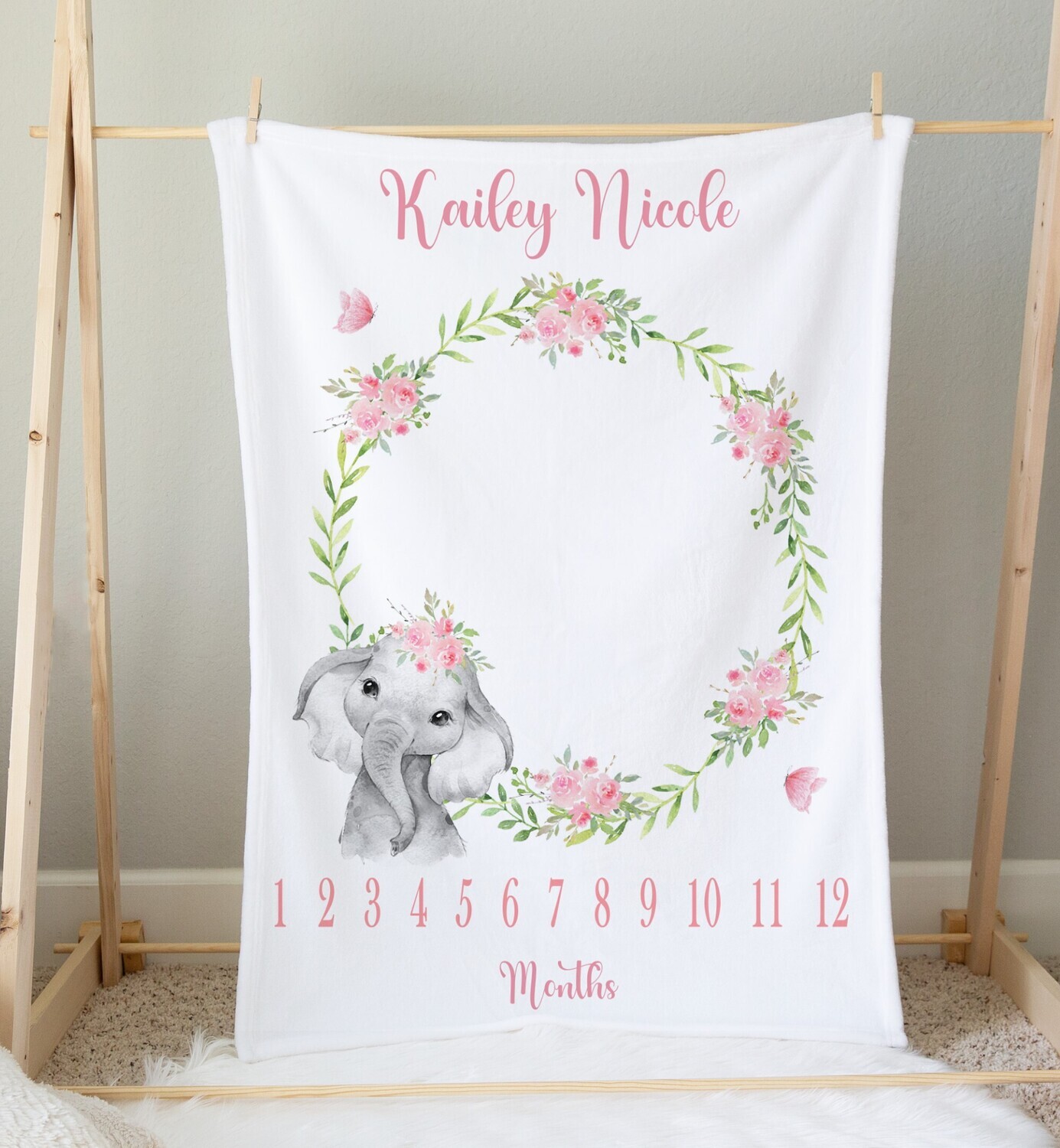 Floral Elephant Baby Girl Milestone Blanket Personalized Monthly Pink Floral Baby Blanket Elephant New Baby Shower Gift Baby Photo Op Backdrop