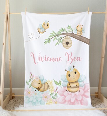 Bumble Bee Baby Girl Personalized Blanket Baby Blanket Shower Gift Custom Name Blanket Bedroom Nursery Throw Tummy Time