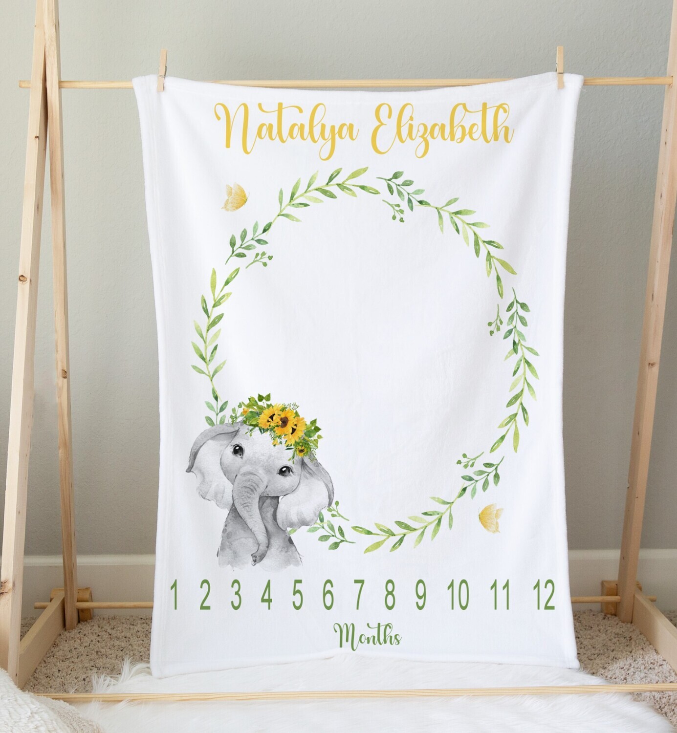 Sunflower Elephant Baby Girl Milestone Blanket Yellow Floral Crown Elephant Personalized Monthly Baby Blanket New Baby Shower Gift Baby Photo Op Backdrop