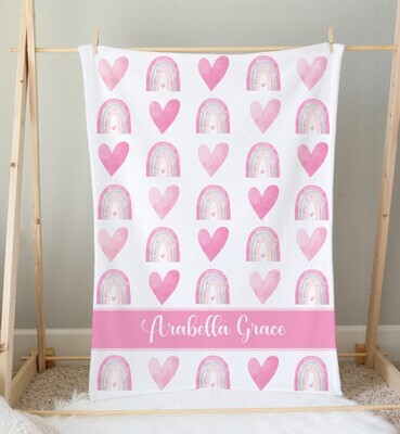 Pink Rainbow Hearts Baby Girl Personalized Blanket Baby Blanket Shower Gift Custom Name Blanket Bedroom Nursery Throw Tummy Time