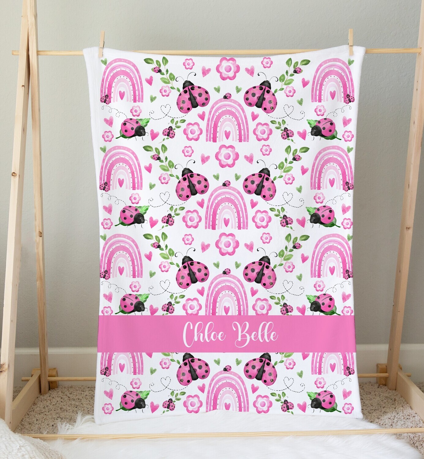 Ladybug Baby Girl Personalized Blanket Baby Blanket Shower Gift Custom Name Blanket Bedroom Nursery Throw Tummy Time