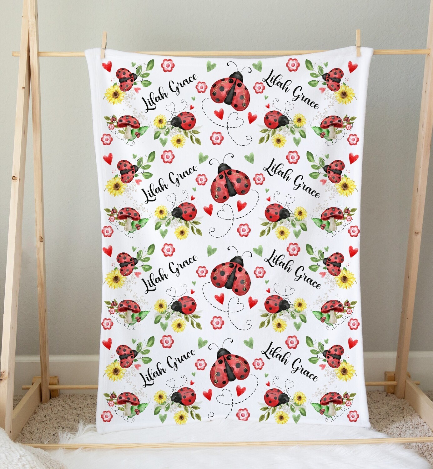 Ladybug Baby Girl Personalized Blanket Baby Blanket Shower Gift Custom Name Blanket Bedroom Nursery Throw Tummy Time