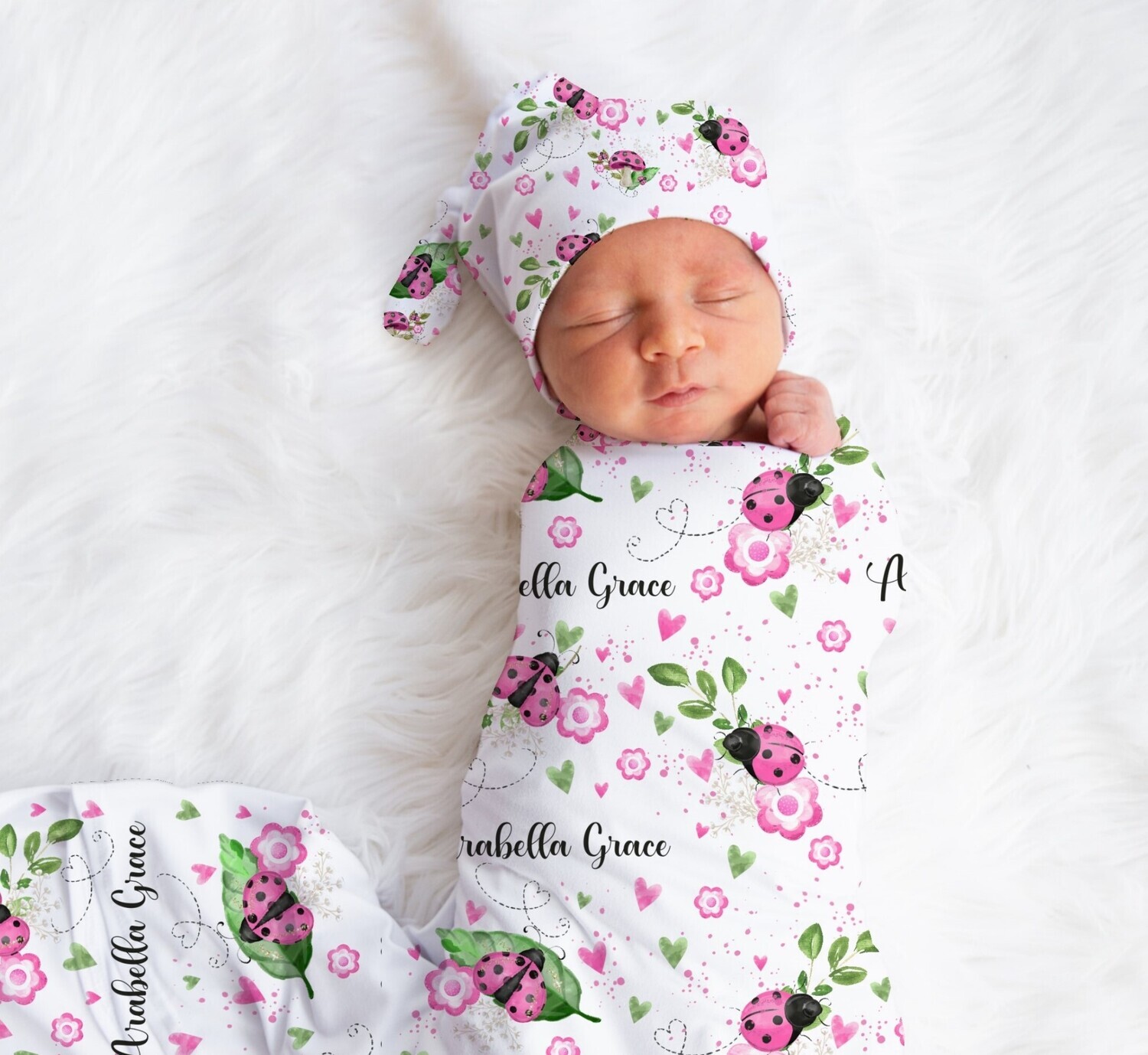 Ladybug Baby Girl Swaddle Blanket Newborn Swaddle Blanket Knotted Baby Cap Headband Baby Gift Hospital Photo Newborn Photo Newborn Blanket