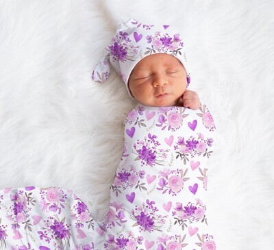 Floral Baby Girl Swaddle Blanket Newborn Swaddle Blanket Knotted Baby Cap Headband Baby Gift Hospital Photo Newborn Photo Newborn Blanket