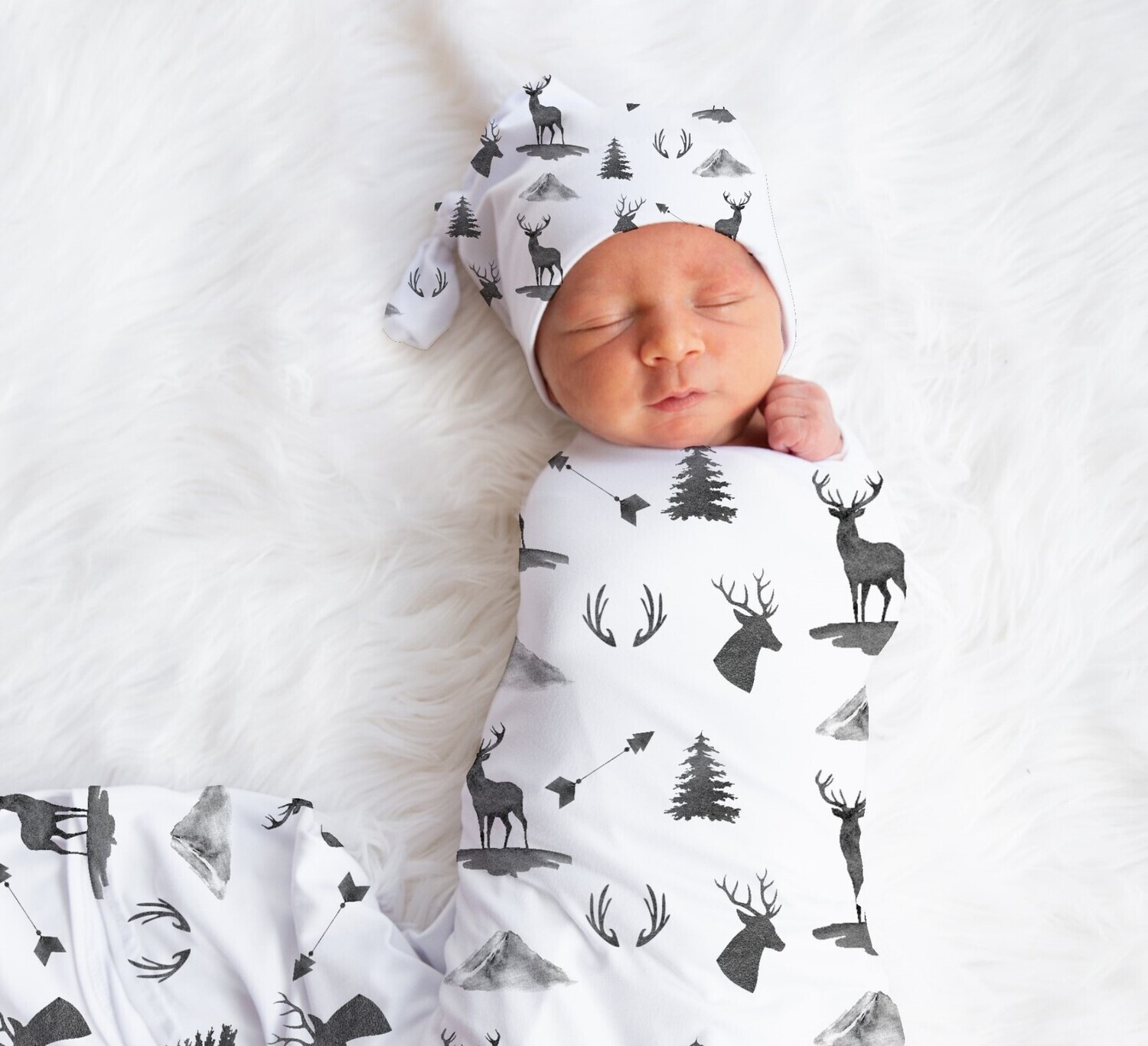 Deer Baby Boy Swaddle Blanket Newborn Swaddle Blanket Knotted Baby Cap Headband Baby Gift Hospital Photo Newborn Photo Newborn Blanket