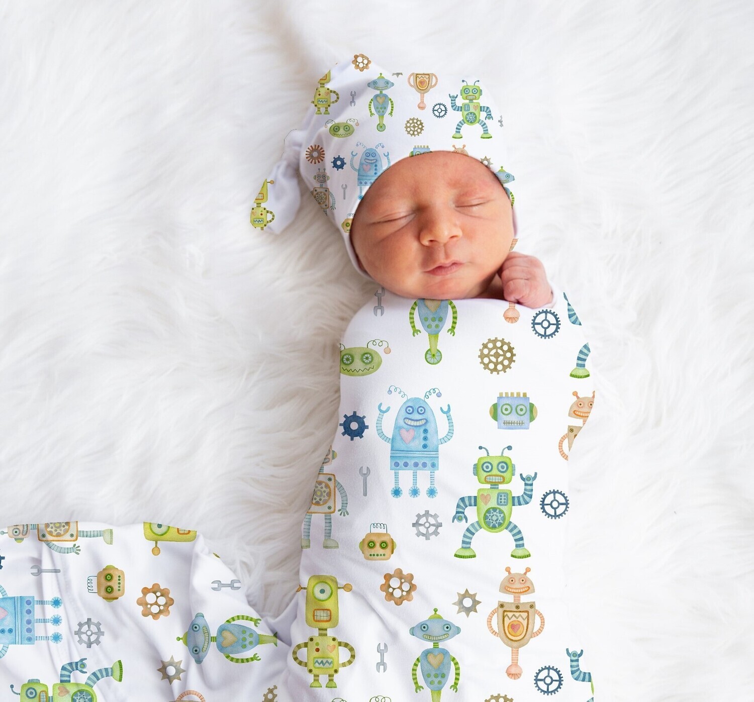 Robot Baby Boy Swaddle Blanket Newborn Swaddle Blanket Knotted Baby Cap Baby Gift Hospital Photo Newborn Photo Newborn Blanket