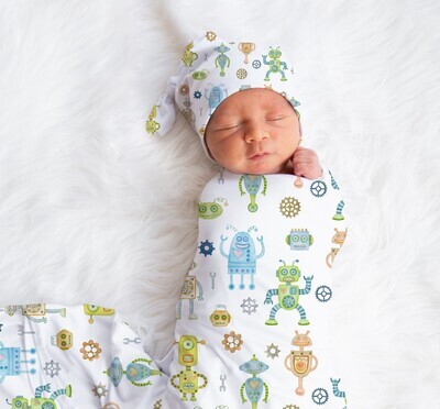 Robot Baby Boy Swaddle Blanket Newborn Swaddle Blanket Knotted Baby Cap Headband Baby Gift Hospital Photo Newborn Photo Newborn Blanket