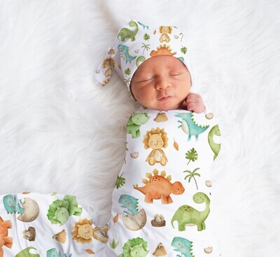 Dinosaur Baby Boy Swaddle Blanket Newborn Swaddle Blanket Knotted Baby Cap Headband Baby Gift Hospital Photo Newborn Photo Newborn Blanket