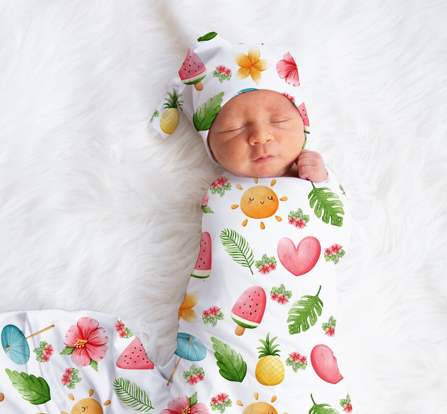 Tropical Baby Girl Swaddle Blanket Newborn Swaddle Blanket Knotted Baby Cap Headband Baby Gift Hospital Photo Newborn Photo Newborn Blanket