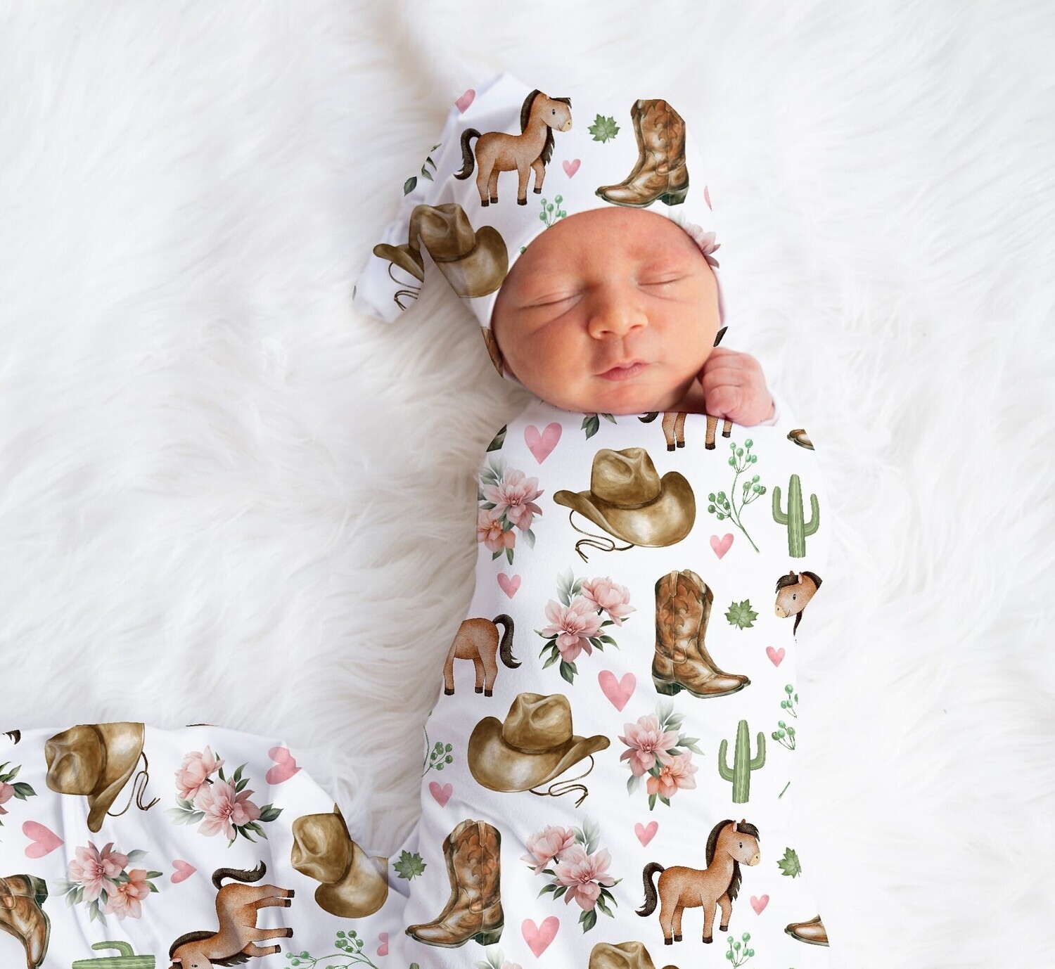 Western Cowgirl Baby Girl Swaddle Blanket Newborn Swaddle Blanket Knotted Baby Cap Baby Gift Hospital Photo Newborn Photo Newborn Blanket