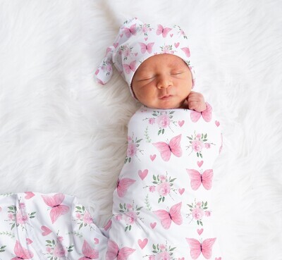 Pink Floral Butterfly Baby Girl Swaddle Blanket Newborn Swaddle Blanket Knotted Baby Cap Headband Baby Gift Hospital Photo Newborn Photo Newborn Blanket