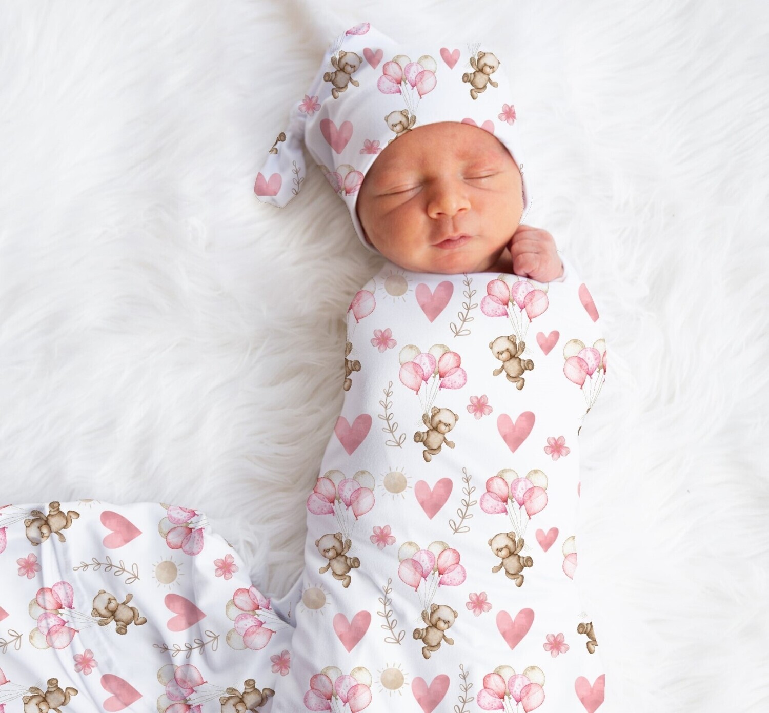 Teddy Bears Baby Girl Swaddle Blanket Newborn Swaddle Blanket Knotted Baby Cap Baby Gift Hospital Photo Newborn Photo Newborn Blanket