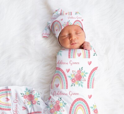Floral Rainbow Personalized Baby Girl Swaddle Blanket Newborn Swaddle Blanket Knotted Baby Cap Headband Baby Gift Hospital Photo Newborn Photo Newborn Blanket