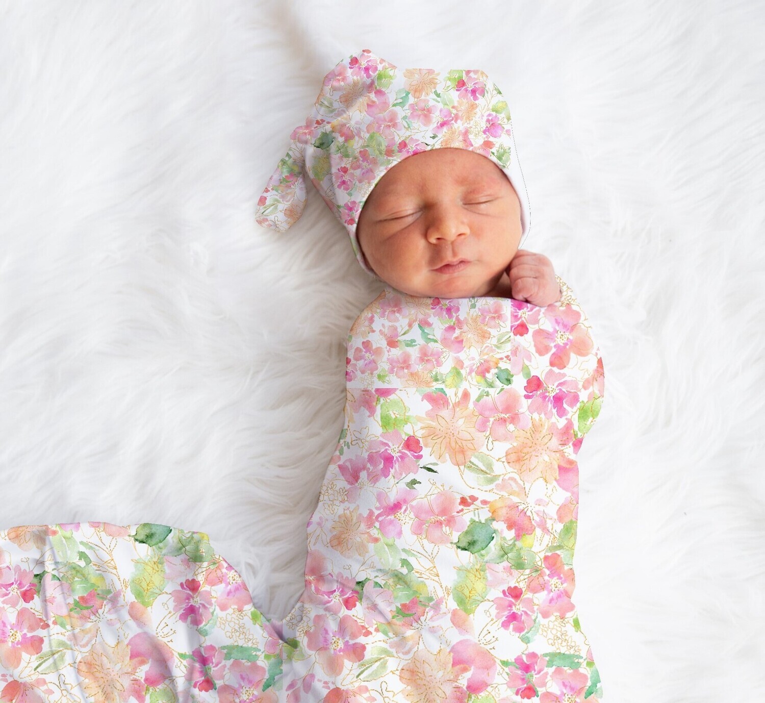 Floral Baby Girl Swaddle Blanket Newborn Swaddle Blanket Knotted Baby Cap Headband Baby Gift Hospital Photo Newborn Photo Newborn Blanket