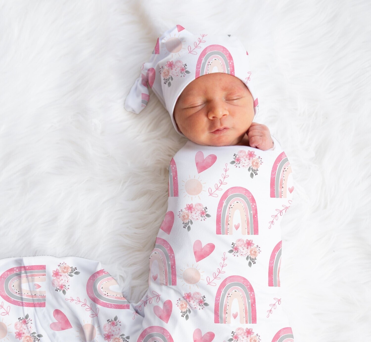 Pink Rainbow Baby Girl Swaddle Blanket Newborn Swaddle Blanket Knotted Baby Cap Headband Baby Gift Hospital Photo Newborn Photo Newborn Blanket