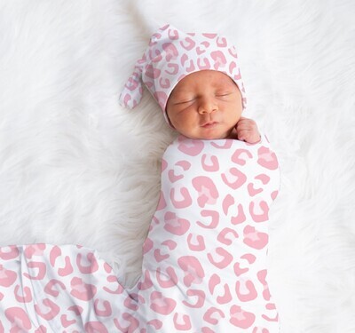 Pink Leopard Baby Girl Swaddle Blanket Newborn Swaddle Blanket Knotted Baby Cap Headband Baby Gift Hospital Photo Newborn Photo Newborn Blanket