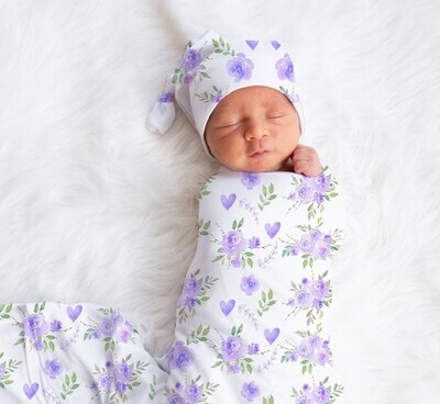 Purple Floral Baby Girl Swaddle Blanket Newborn Swaddle Blanket Knotted Baby Cap Headband Baby Gift Hospital Photo Newborn Photo Newborn Blanket