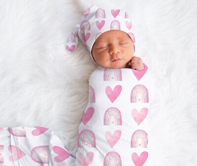 Rainbow Hearts Baby Girl Swaddle Blanket Newborn Swaddle Blanket Knotted Baby Cap Headband Baby Gift Hospital Photo Newborn Photo Newborn Blanket