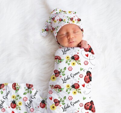 Ladybug Baby Girl Swaddle Blanket Newborn Swaddle Blanket Knotted Baby Cap Headband Baby Gift Hospital Photo Newborn Photo Newborn Blanket