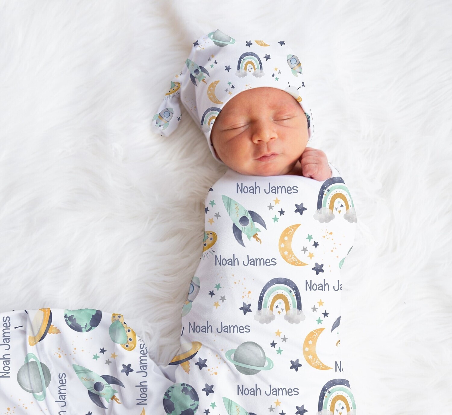 Space Personalized Baby Boy Swaddle Blanket Newborn Swaddle Blanket Knotted Baby Cap Headband Baby Gift Hospital Photo Newborn Photo Newborn Blanket